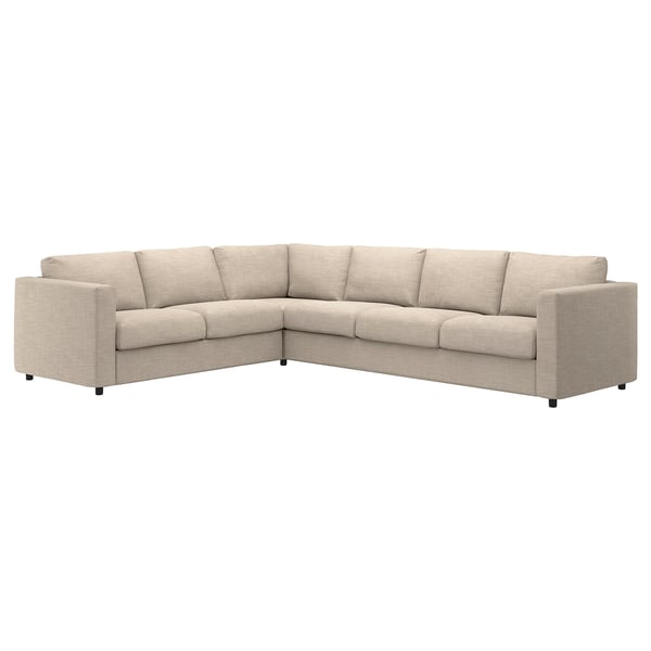 Modernes cremefarbenes Ecksofa, beige, schlankes Design, Plüschkissen, L-förmig.