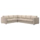 Modernes cremefarbenes Ecksofa, beige, schlankes Design, Plüschkissen, L-förmig.