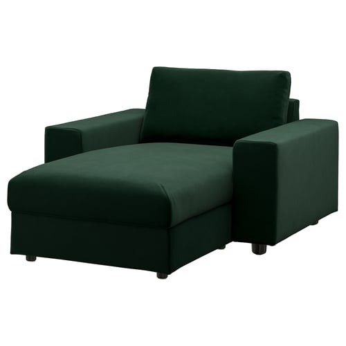 Sie sehen ein dunkelgrünes modulares Sofa VIMLE. Es ist schick, bequem und vielseitig und verfügt über eine moderne Ästhetik und funktionalen Stauraum.