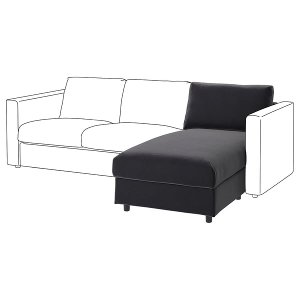 Zeigt ein modernes dunkelgraues VIMLE-Sofa mit einer Chaiselongue zur Aufbewahrung. Das Sofa hat quadratische Armlehnen und ein schlankes Design.
