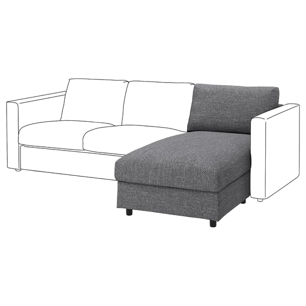 Das VIMLE Sofa in Grau mit Chaiselongue. Es ist modern, mit klaren Linien und einem abnehmbaren, maschinenwaschbaren Bezug.