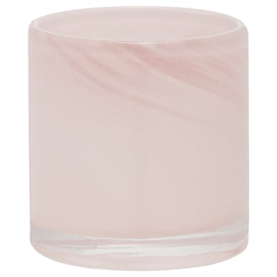 Rosafarbener, zylindrischer Teelichthalter aus Glas mit marmoriertem Design. Handgefertigt für einen einzigartigen Look.