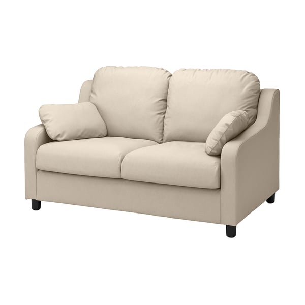 Beiges VINLIDEN-Sofa mit großen Kissen und Lendenkissen, hoher Rückenlehne, weicher Textur, einfache Montage.