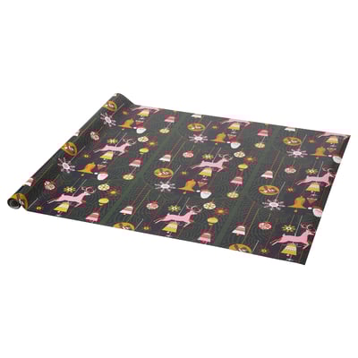 Buntes Weihnachtsgeschenkpapier mit Rentier- und Glockenmuster, dunkelgrün.