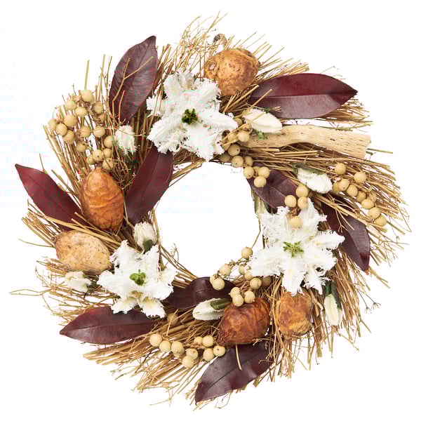 Natürlicher Kranz mit weißen Blüten, getrockneten Pflanzen und braunen Schoten; kreisförmige Form, rustikales Design.