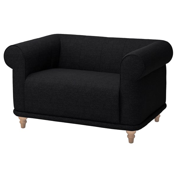 VISKAFORS: Sessel aus anthrazitfarbenem Stoff mit Holzbeinen. Klassisches Design, weiche, einladende Form.