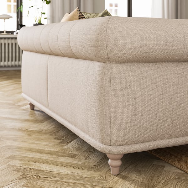 VISKAFORS beiges Sofa, klassisches Design, weicher Stoff, gebogene Rückenlehne und Armlehnen, Holzbeine.