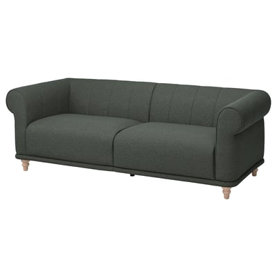 Dunkelgrünes VISKAFORS Sofa, klassisches Design mit gerollten Armlehnen, weichen Kissen, Holzbeinen.