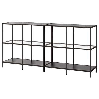 VITTSJÖ Regal, schwarzer Rahmen und Glas, modernes minimalistisches Design.