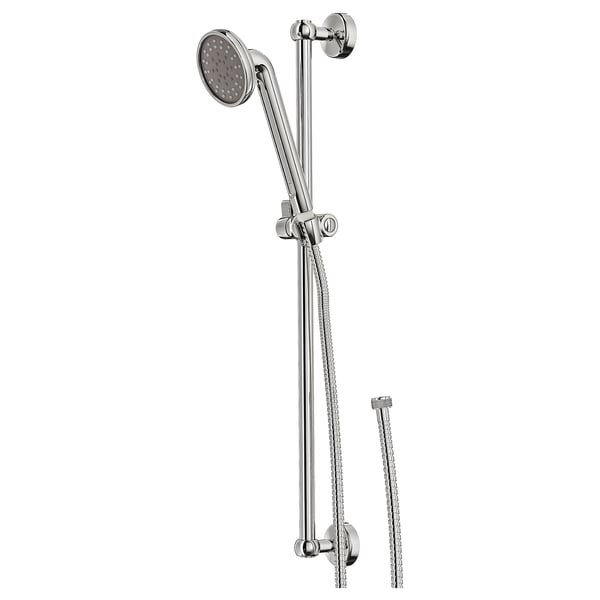 Ein verchromtes VOXNAN-Duschset mit einem Handbrausekopf und einer Wandschiene. Das Kit enthält eine höhenverstellbare Halterung und einen flexiblen Schlauch.