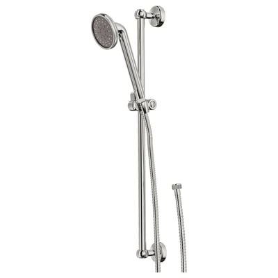 Ein verchromtes VOXNAN-Duschset mit einem Handbrausekopf und einer Wandschiene. Das Kit enthält eine höhenverstellbare Halterung und einen flexiblen Schlauch.