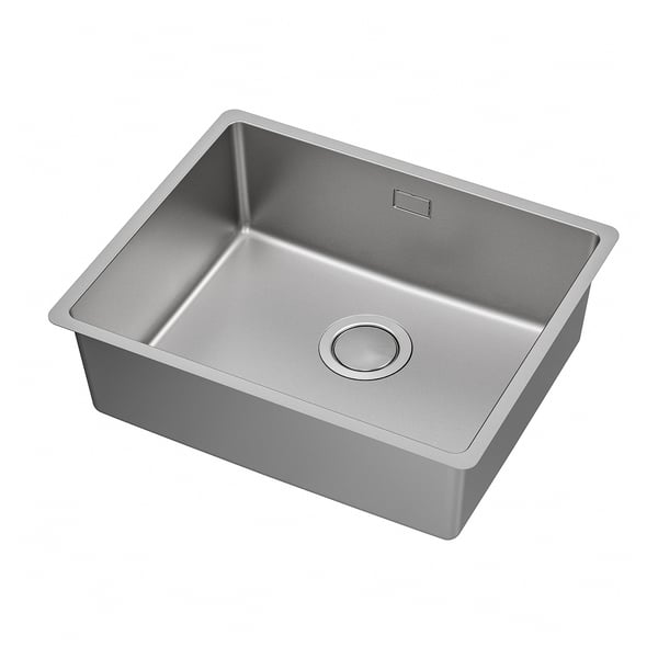 Einschüssel Küchenspüle aus Edelstahl, rechteckig, modernes Design, schlank und schlank, mit Abflussloch in der unteren Mitte.