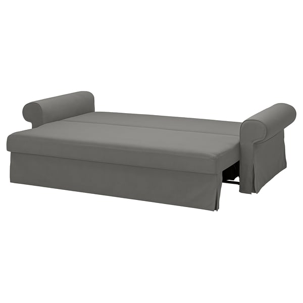 Graues VRETSTORP-Schlafsofa, weicher Stoff, gerollte Armlehnen, schlankes Design, lässt sich in ein Bett verwandeln.