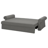 Graues VRETSTORP-Schlafsofa, weicher Stoff, gerollte Armlehnen, schlankes Design, lässt sich in ein Bett verwandeln.