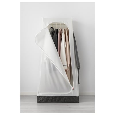 Tragbarer Kleiderschrank mit transparenter Abdeckung, in dem die Kleidung ordentlich aufbewahrt wird. Einfach zu montieren, zu rollen und zu transportieren, mit einem Haken für zusätzliche Aufbewahrung.