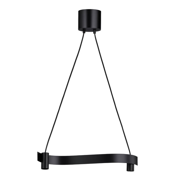 ACKJA black pendant lamp, wave-shaped, steel & plastic, hangs above tables, modern design.