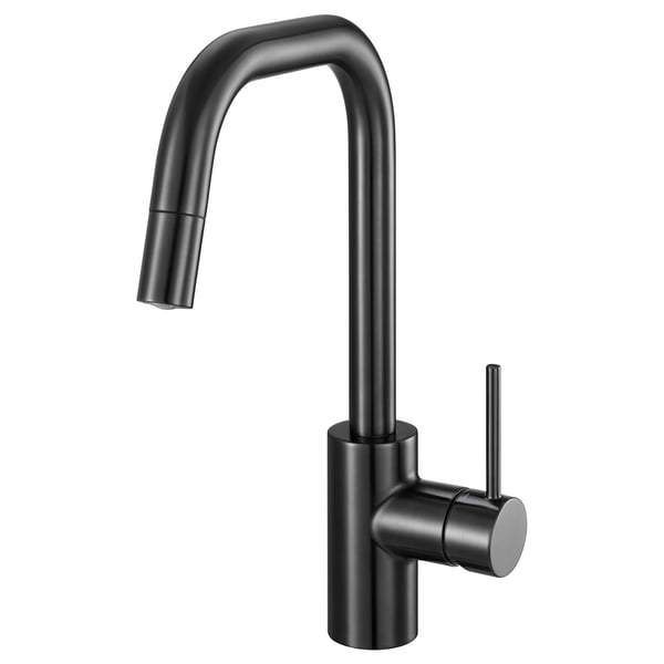 A sleek, modern faucet in matte black. It a high arc, pull-out sprayer, and a single handle control.