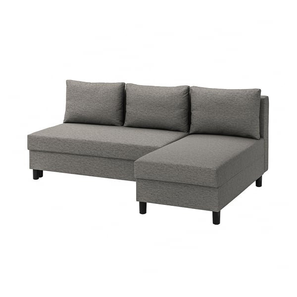 Modern grey l-shaped sofa, cozy & convertible, with storage & dark legs.