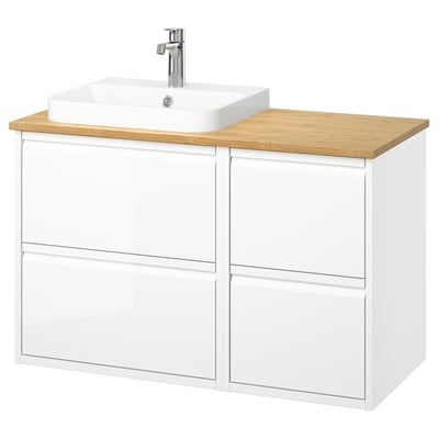 ÄNGSJÖN white bathroom vanity, 4 drawers, bamboo top, modern, wall-mounted.
