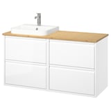 A white ÄNGSJÖN bathroom vanity with two drawers, a bamboo countertop, and a square white ceramic basin.