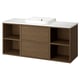 Modern bathroom vanity ÄNGSJÖN in brown oak with marble countertop and open shelving.
