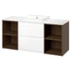 A white ÄNGSJÖN bathroom vanity with marble countertop, semi-recessed basin, and open shelves on both sides. Modern design with wood texture.