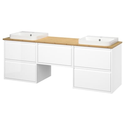 ÄNGSJÖN / BACKSJÖN Wash-stand/wash-basins, high-gloss white/bamboo, 182x49x71 cm