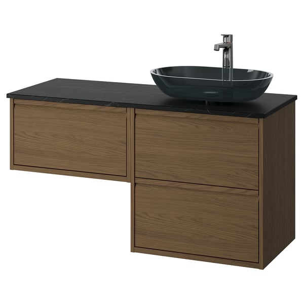 Modern bathroom vanity, ÄNGSJÖN, in dark oak with black countertop and round glass basin.