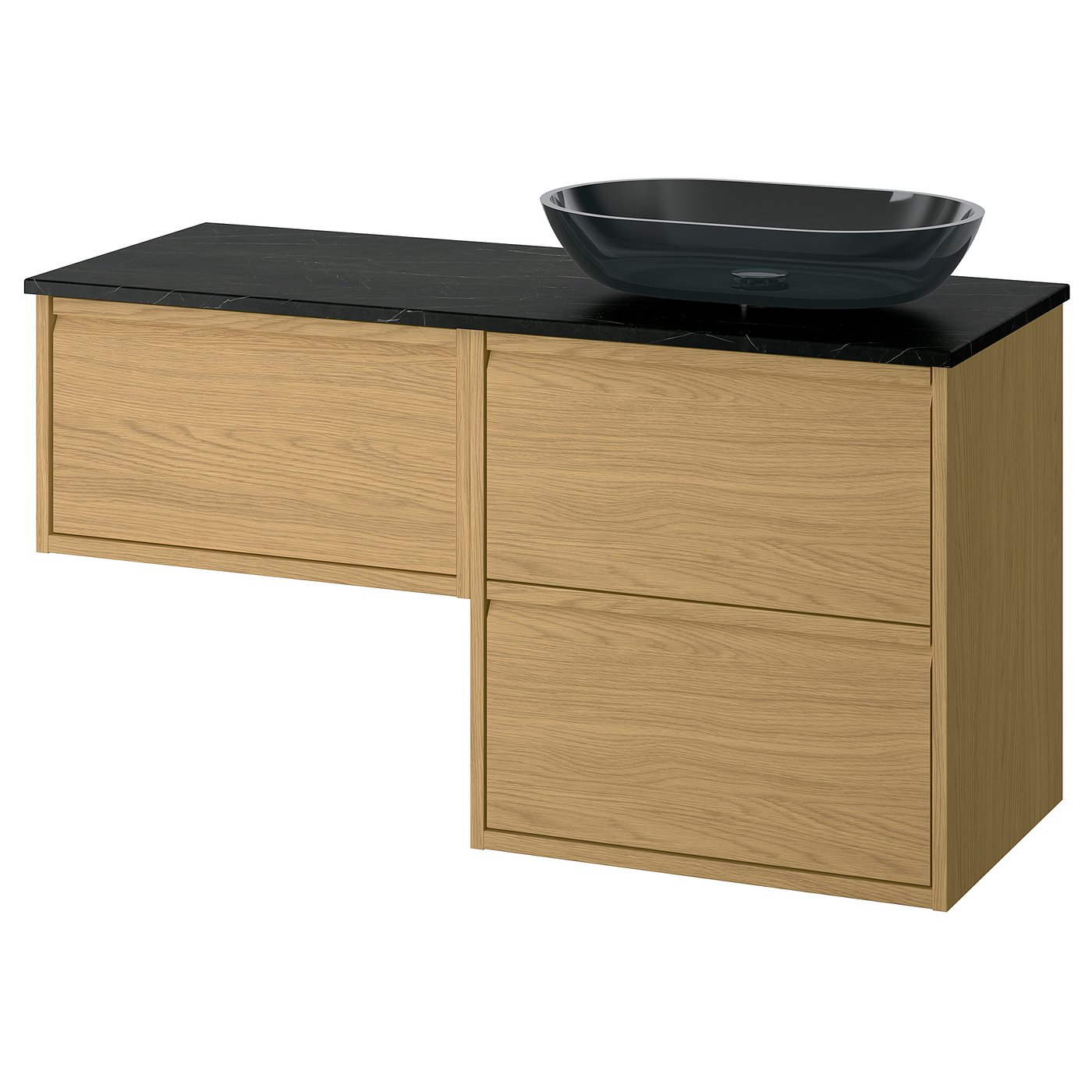 Modern bathroom setup featuring ÄNGSJÖN light wood vanity with black countertop and sink.