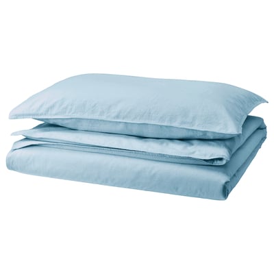 Light blue ÄNGSLILJA cotton duvet & pillowcase set, neatly folded.
