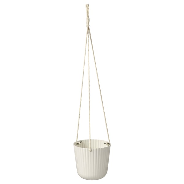 ÄPPELROS hanging planter, white, ribbed steel, round, with rope hanger.