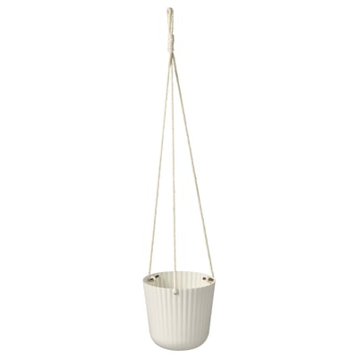 ÄPPELROS hanging planter, white, ribbed steel, round, with rope hanger.