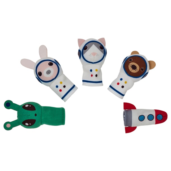 Five colorful finger puppets include animals in astronaut suits, a green alien, and a red rocket, perfect for imaginative play.