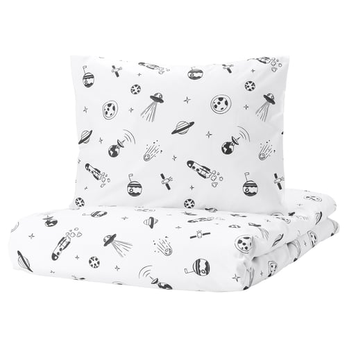 AFTONSPARV: white duvet & pillow with black space illustrations. Cotton & viscose. Square, soft, monochrome, fun.
