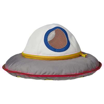 Simply styled alien spaceship toy, white top, gray base, red trim, yellow zipper, mesh window.