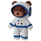 Brown bear in grey, blue, and multicolored space suit, soft and made from recycled materials.