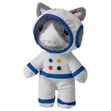 Soft astronaut cat toy in white & blue, embroidered eyes, made from recycled polyester. Perfect for kids imaginative play.