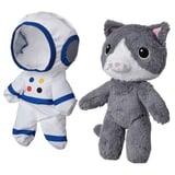 Two plush toys: gray cat & white astronaut, soft, embroidered eyes, standing pose.