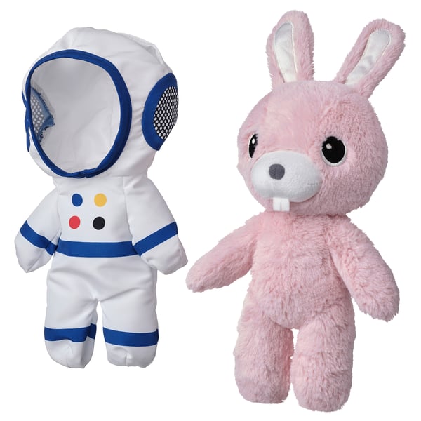 Two plush toys: astronaut bunny in white & blue, pink bunny. Soft, colorful, charming designs.