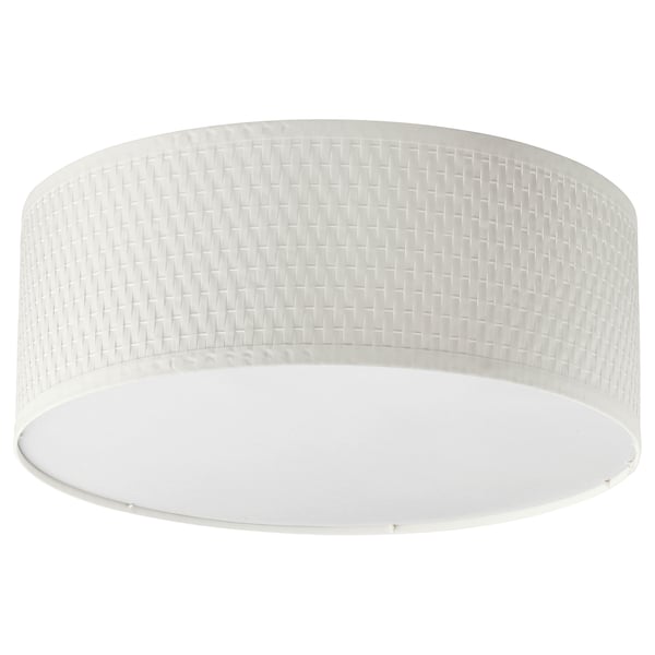 Round white woven ceiling light, modern design.