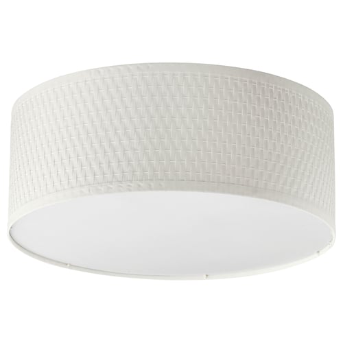 Round white woven ceiling light, modern design.