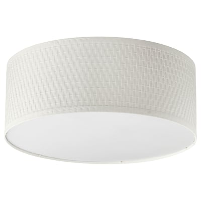 Round white woven ceiling light, modern design.