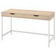 ALEX desk: light wood, white metal legs, two drawers, rectangular shape, sleek minimalist design.