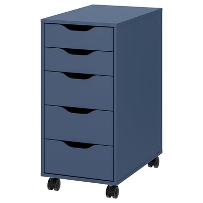 Blue rolling storage cabinet with five drawers for organized workspaces.