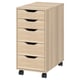 A light brown wooden ALEX drawer unit with five drawers on wheels, featuring cut-out handles.