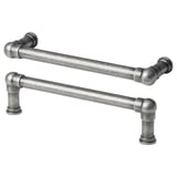 Two silver metal lever handles, vintage style, for door or drawer, with rounded grips.