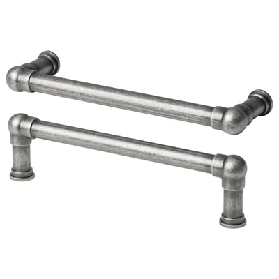 Two silver metal lever handles, vintage style, for door or drawer, with rounded grips.