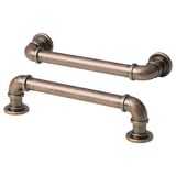 Two bronze-colored tubular handles; industrial design; metallic finish.
