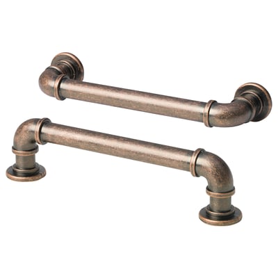 Two bronze-colored tubular handles; industrial design; metallic finish.