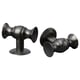 Two sleek, modern door knobs, black in color, with a smooth, rounded design, one showing a side view, the other a front view.